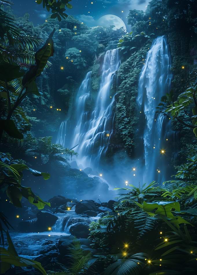 Jungle Waterfall at Night