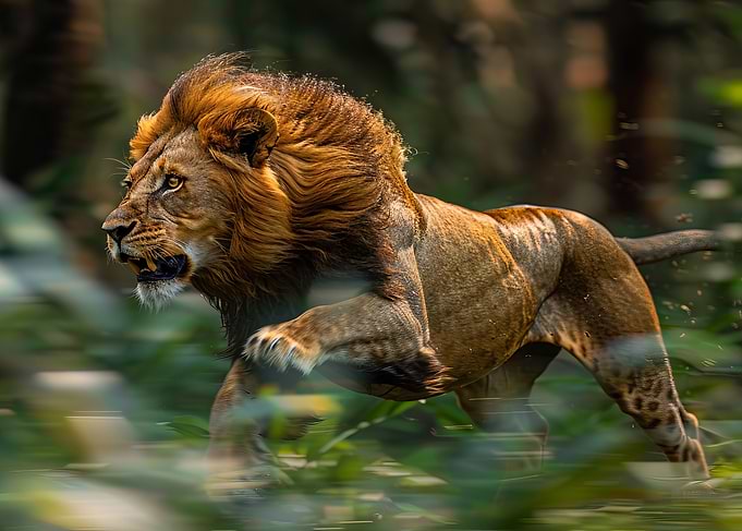 Lion Running Through Jungle Wildlife Photo