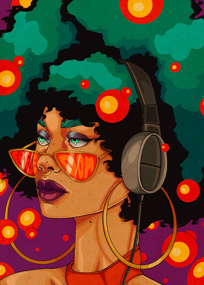 Woman with Headphones and Sunglasses