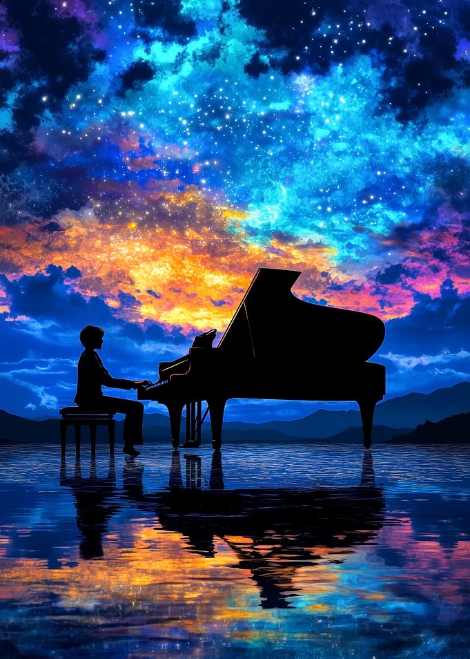 Piano Under Starry Sky