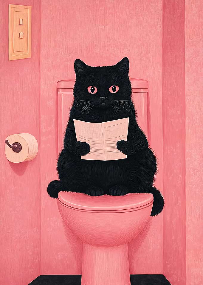 Black Cat Reading on Toilet