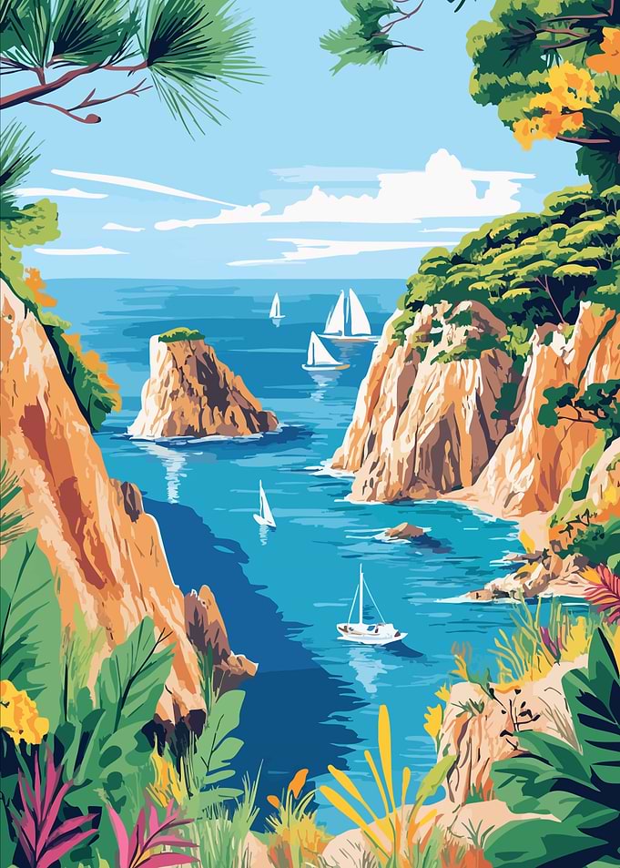 Coastal Beach Landscape with Sailboats