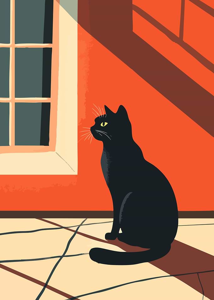Black Cat by Window Minimalist Abstract Art