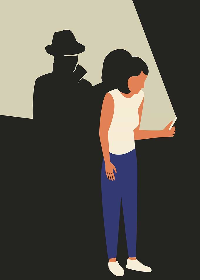 Woman on Phone, Shadowy Figure