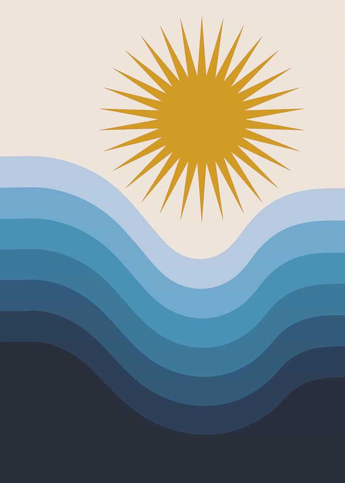 Retro Coastal Sun and Waves Abstract Art