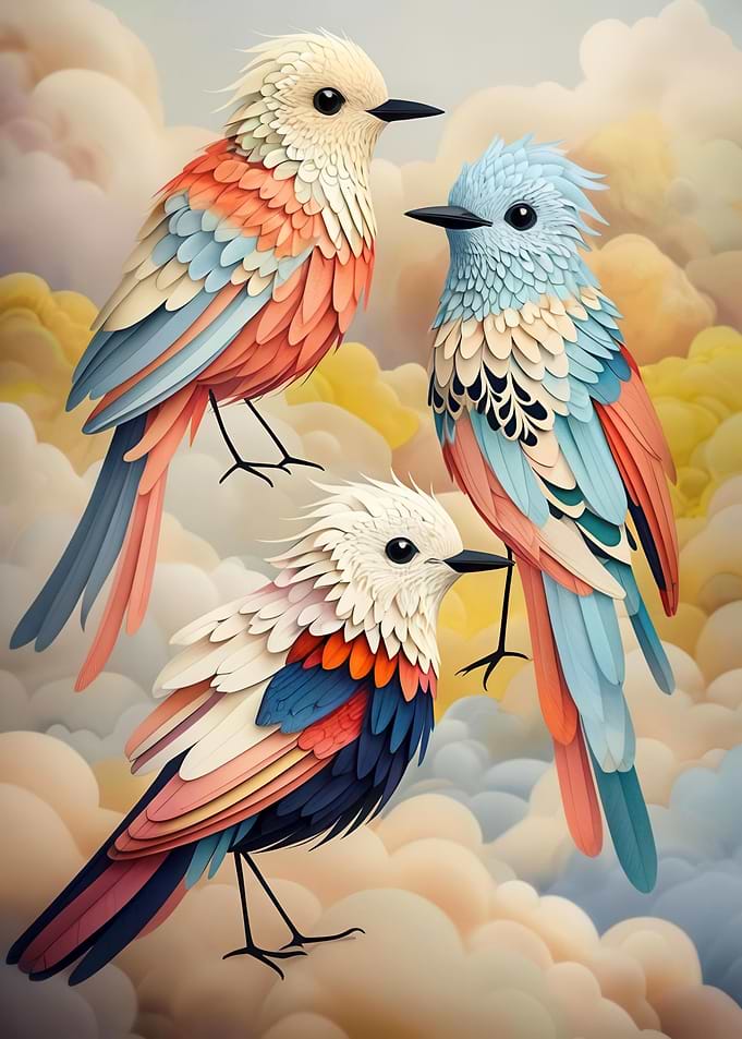 Colorful Birds in Clouds