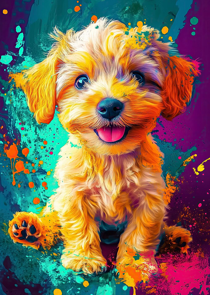 Puppy in Colorful Splashes