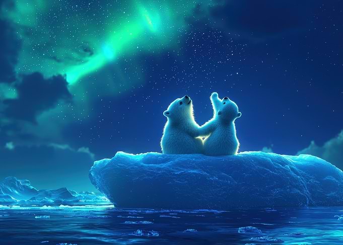 Polar Bear Cubs Under Aurora Borealis