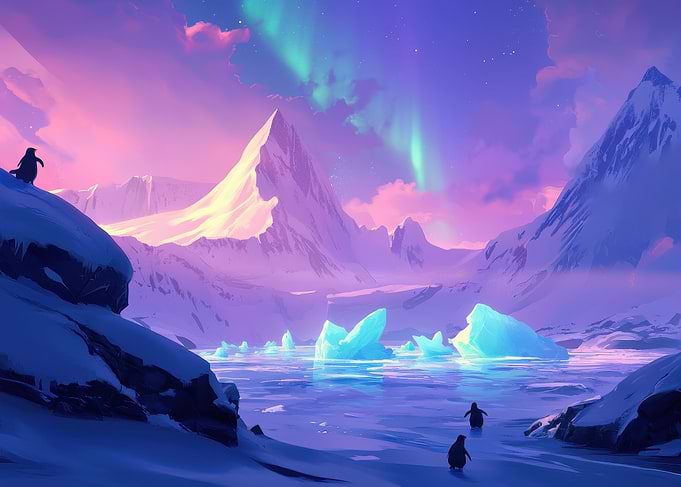 Penguins Under Aurora Borealis