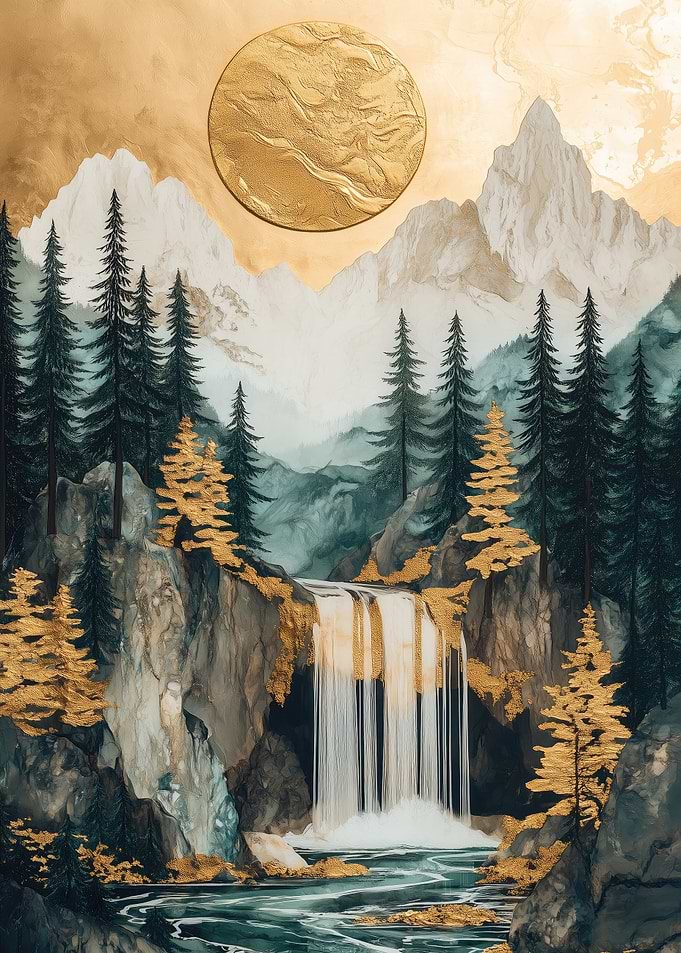 Golden Waterfall Landscape Turquoise River & Golden Forest