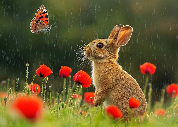 Bunny Looking at Butterfly in Poppy Field in the Rain