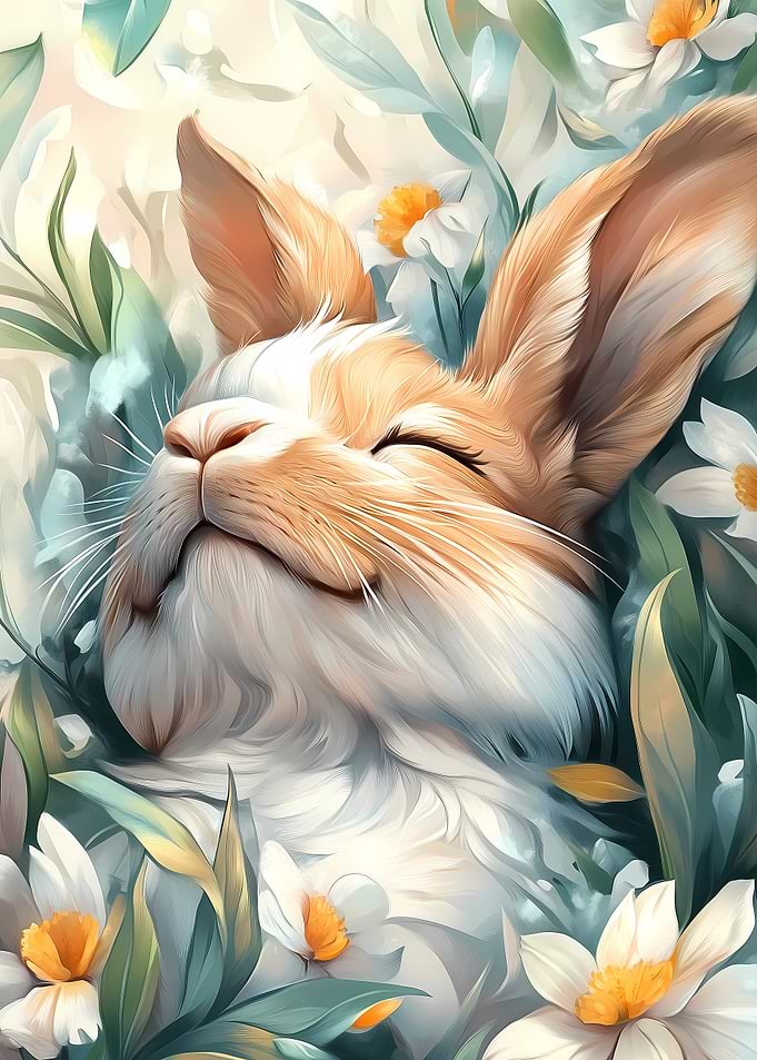 Cute Sleeping Bunny in Flowers
