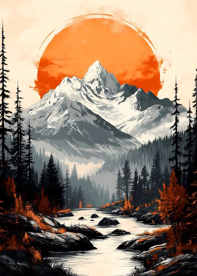 Vintage Mountain Sunset Landscape