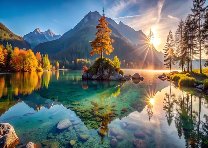 Sunrise by Mountains at Lake Nature