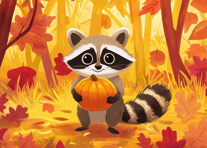 Raccoon with Pumpkin in Autumn