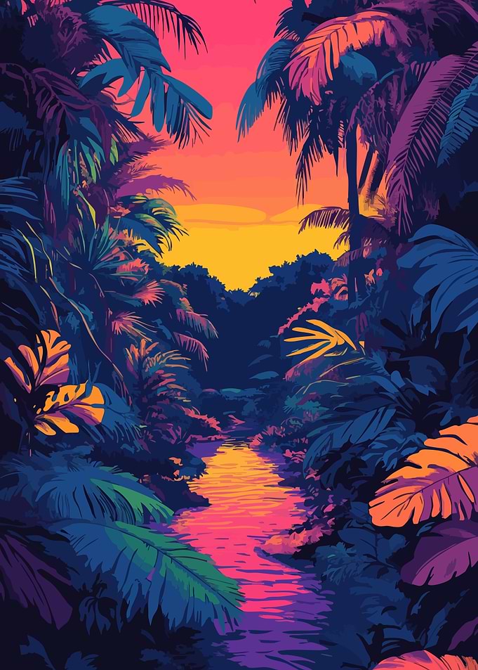 Tropical Jungle Sunset River Retro