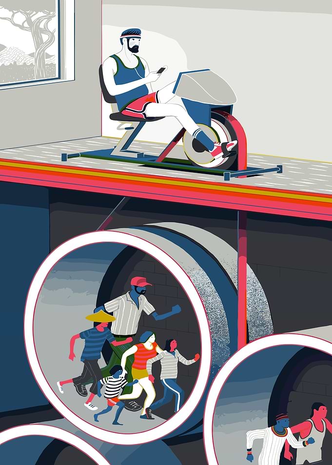 Man on Stationary Bike Above Tunnel
