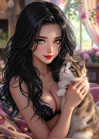 Anime Girl with Kitten