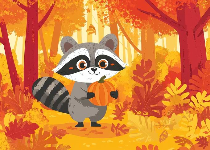 Raccoon with Pumpkin in Autumn Forest