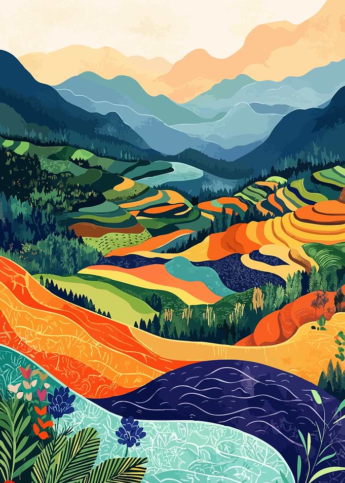 Rice Paddies Asian Landscape Art