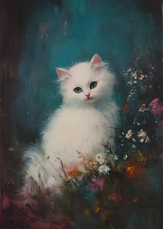White Kitten in Flowers