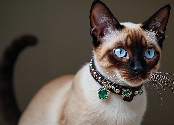 Regal Siamese Cat with Emerald Pendant – Elegant Feline Art