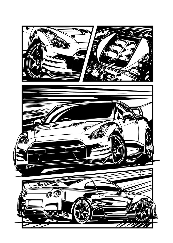 Nissan GT-R Black and White Comic