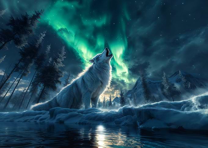 Wolf Under Aurora Borealis