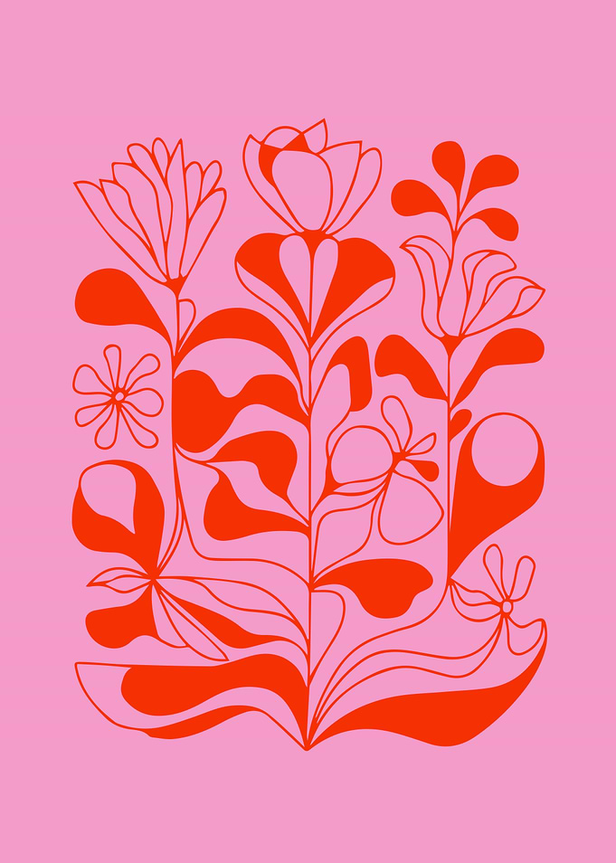 Retro Abstract Botanical in Coral Red and Pink