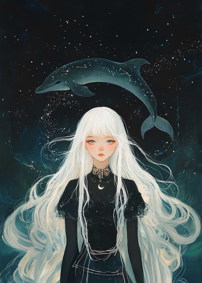 White-Haired Girl with Dolphin Constellation