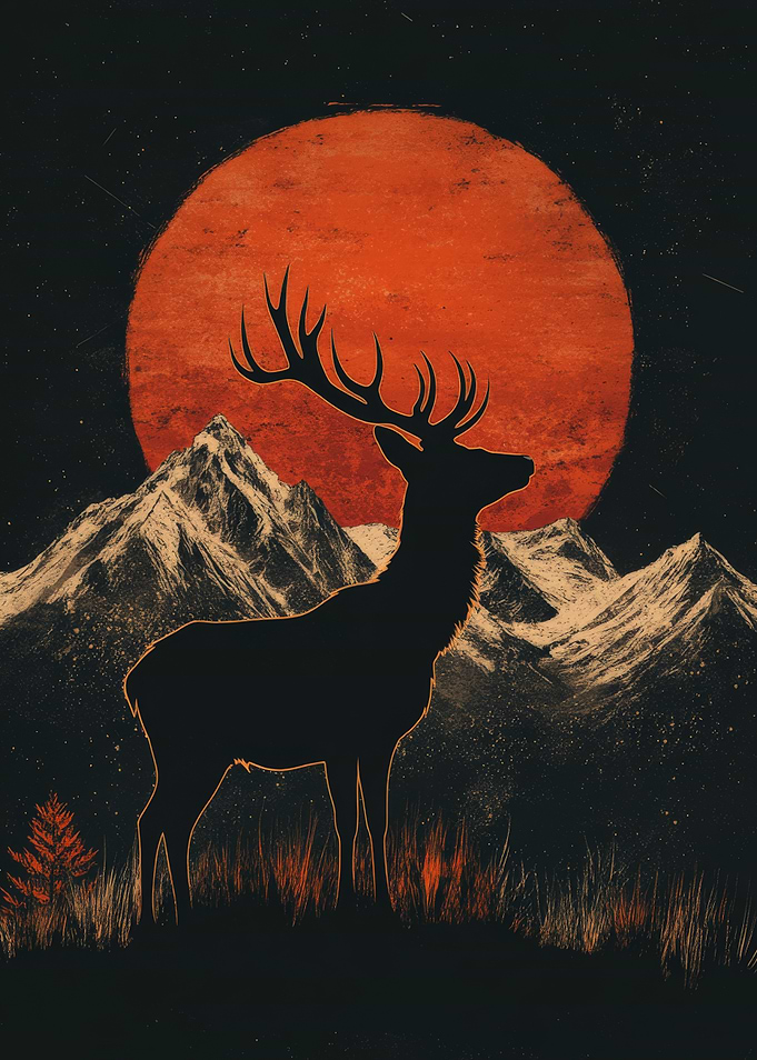 Silhouette Deer Under Red Moon