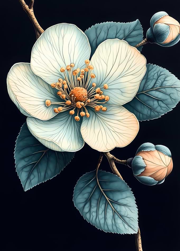 White Flower with Teal Leaves Japanese Landscape