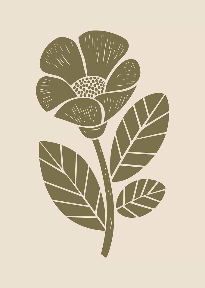 Olive Green Flower Rustic Linocut Illustration