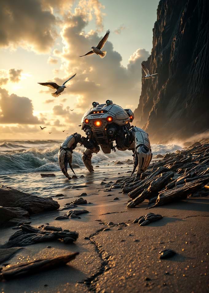 Robot on Beach at Sunset