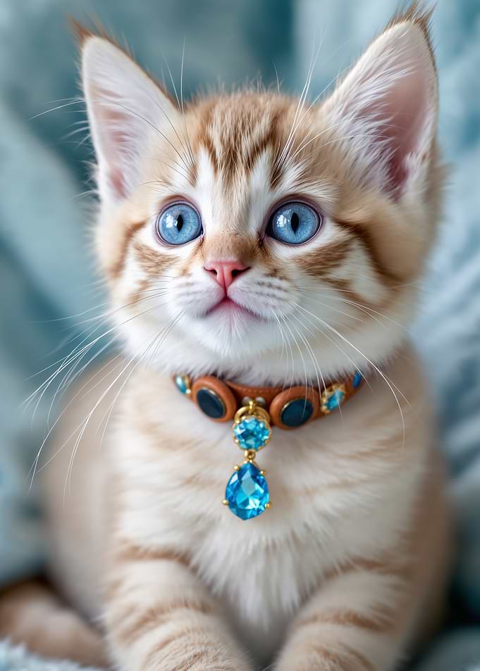 Elegant Kitten with Blue Gemstone Collar – Luxury Cat Art