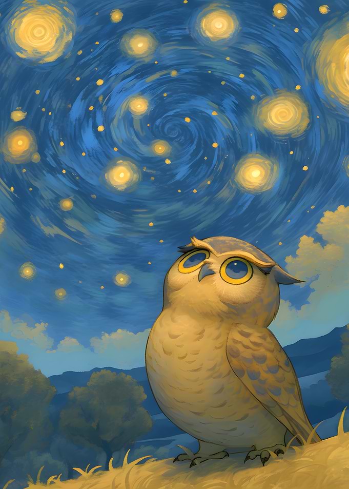 Owl Under Starry night sky