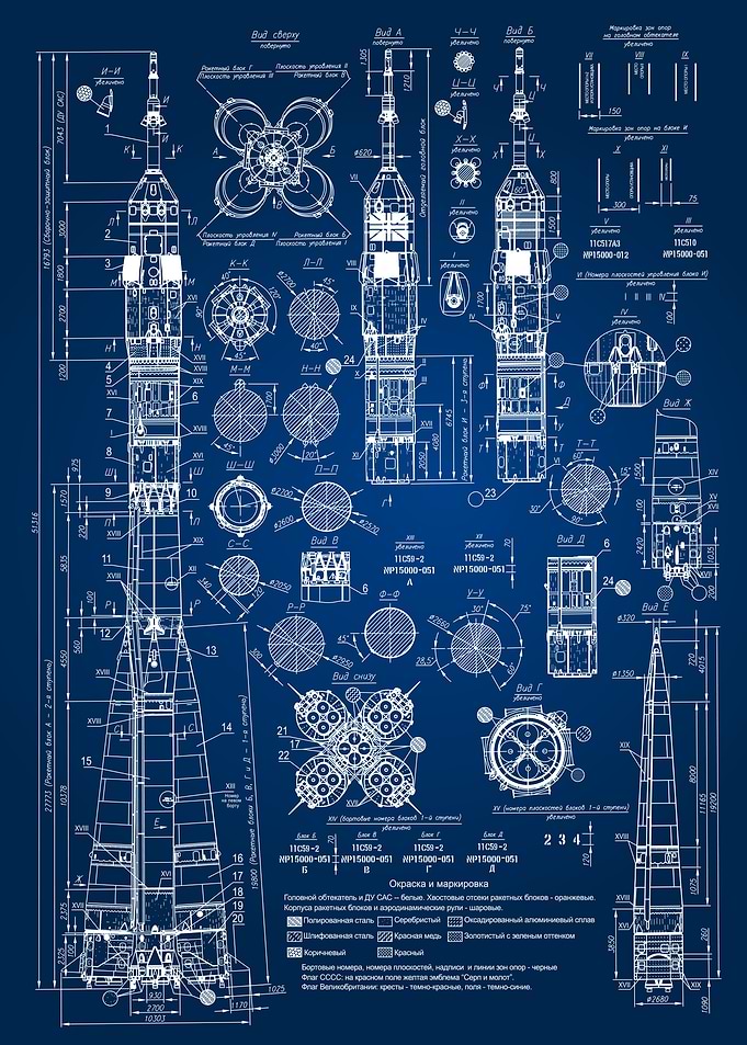Soyuz Rocket Blueprint Wall Art
