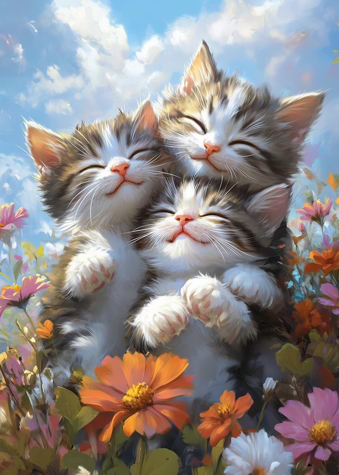 Three Kittens in Flowers