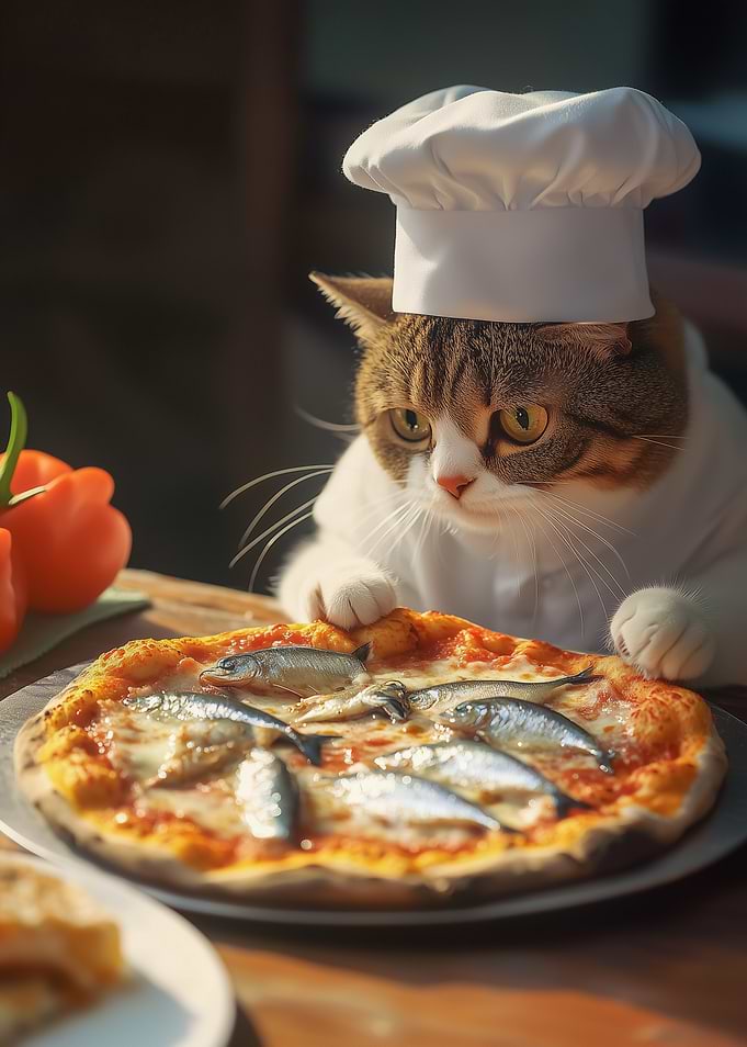 Cat Chef with Fish Pizza