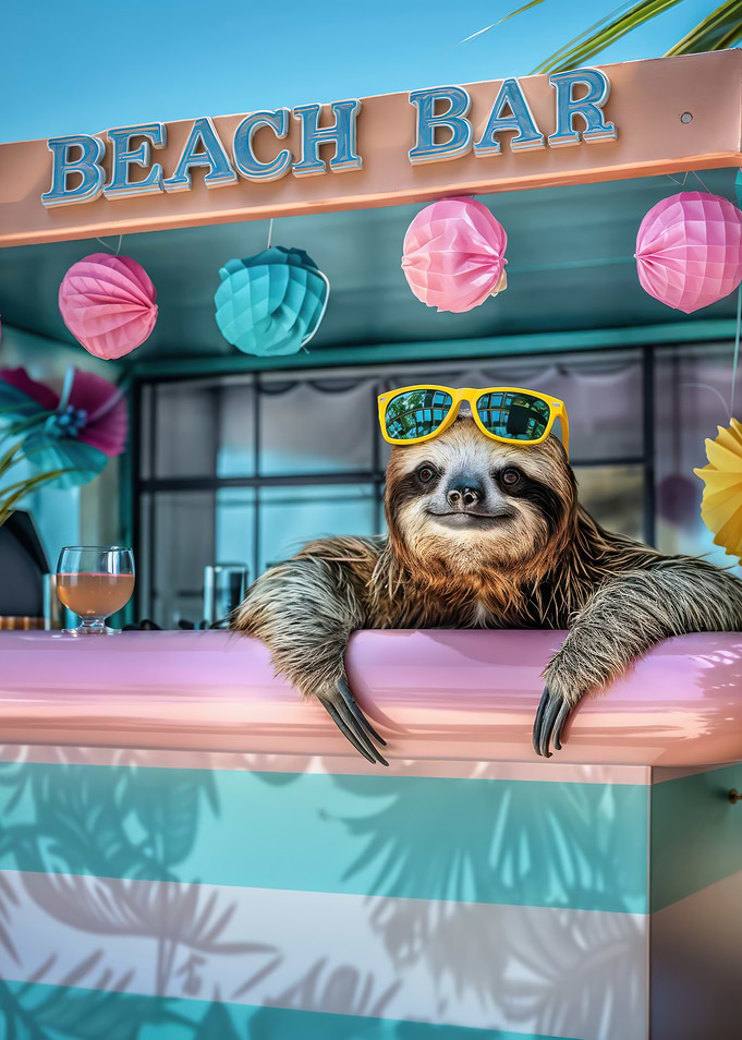 Sloth relaxing at the Beach Bar, funny animal, summer mood