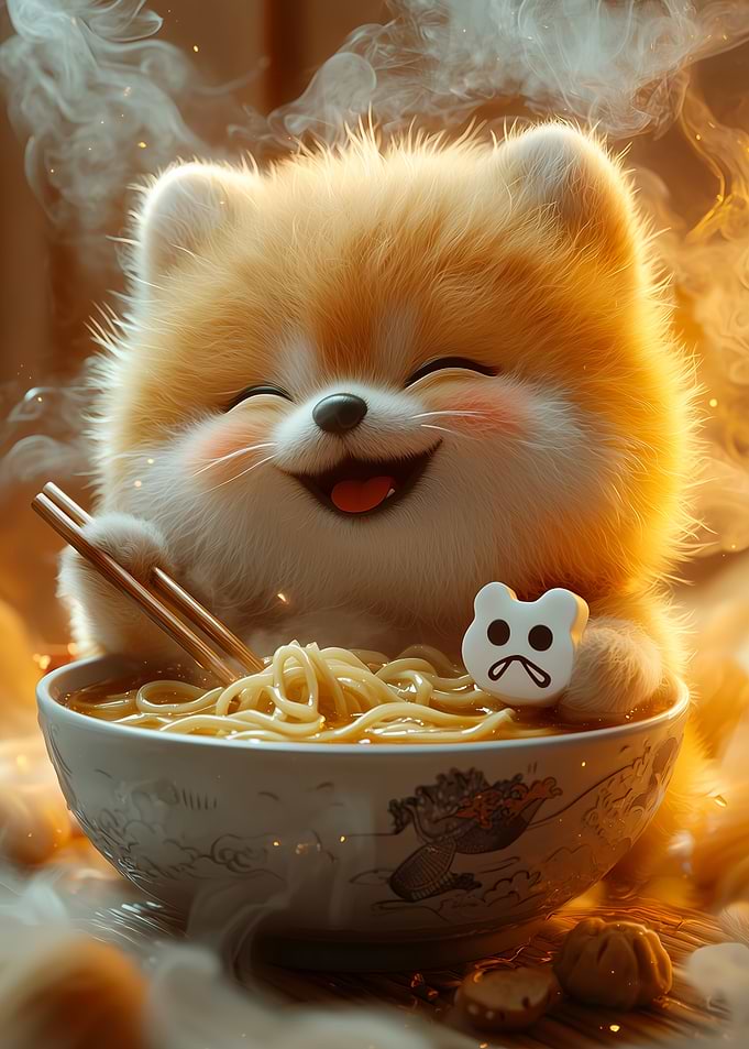 Cute Dog Eating Ramen