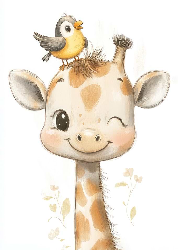 Cute Giraffe with Bird