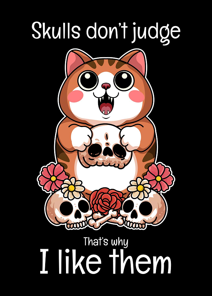 Cute Cartoon Cat & Skulls