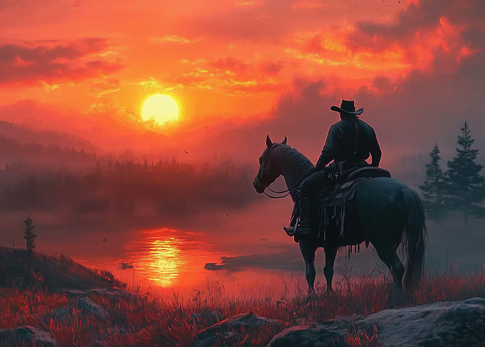 Cowboy on Horse at Sunset