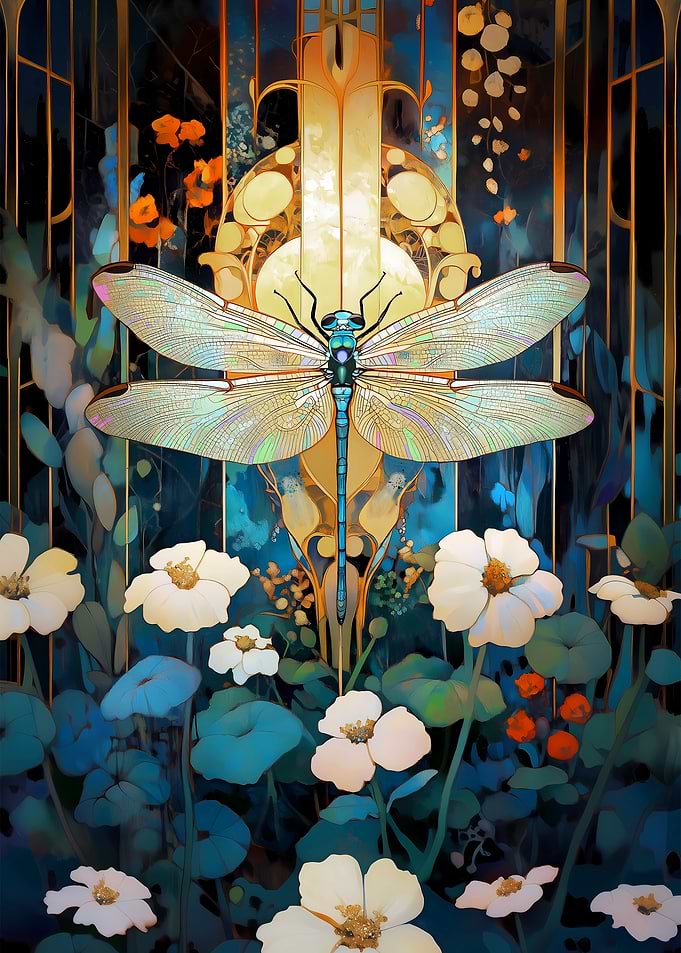 Dragonfly in Art Nouveau Garden