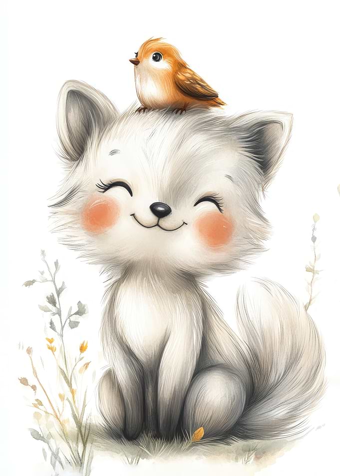 Cute Arctic Fox with Bird