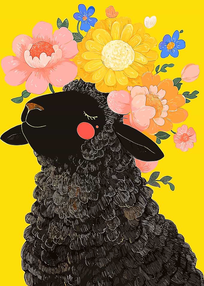 Black Sheep with Flowers