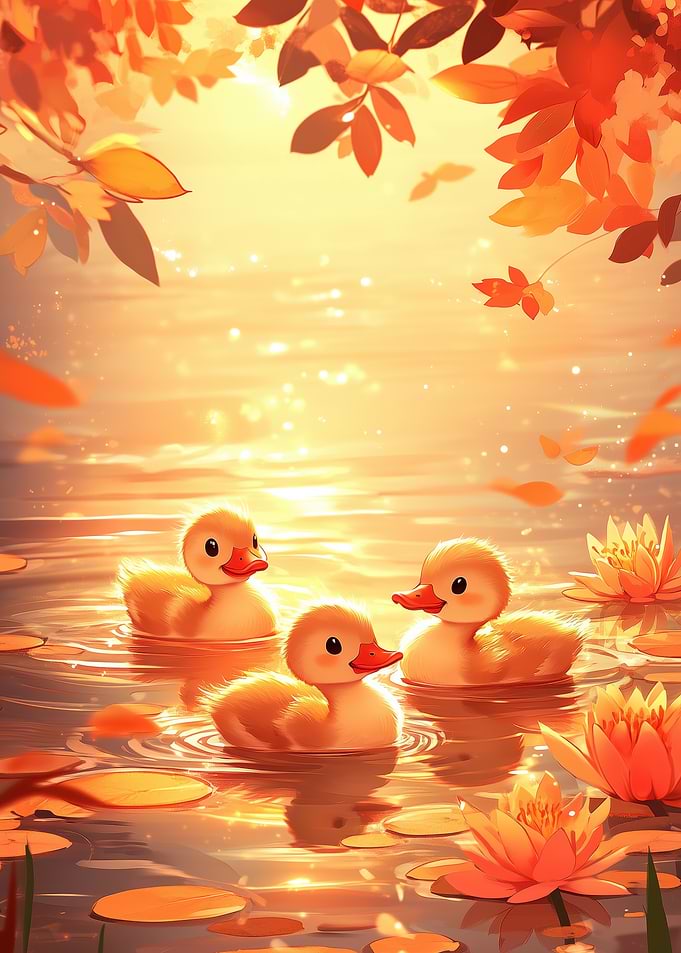 Cute Ducklings in Autumn