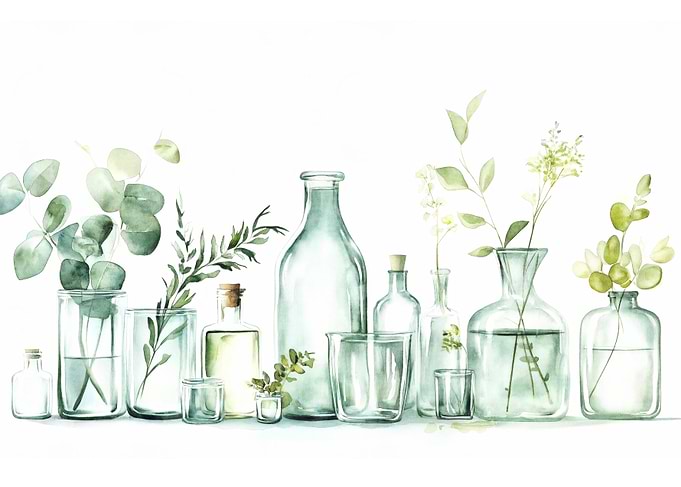 Watercolor Glass Bottles with Greenery