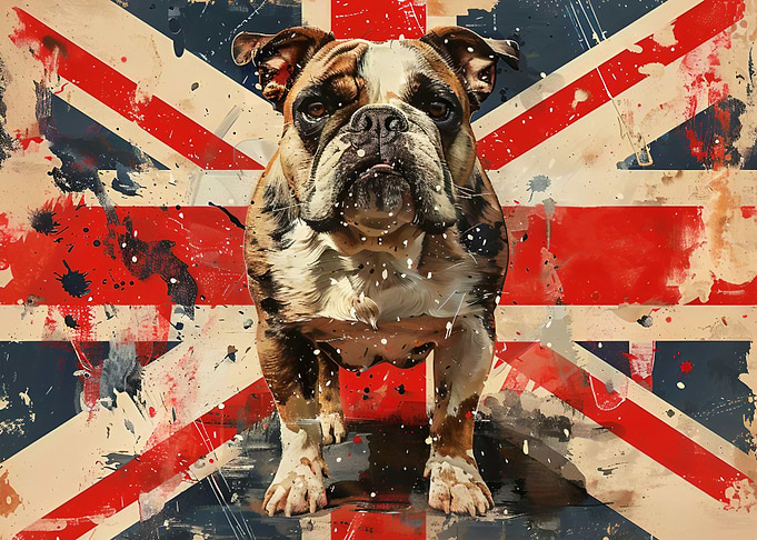 Bulldog on Union Jack Flag, British Patriotic Grunge Street Art Design 02